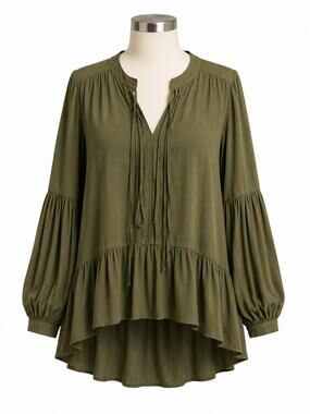 Ro & De Olive Green Balloon Sleeve Boho Peasant Tunic Top - Size M